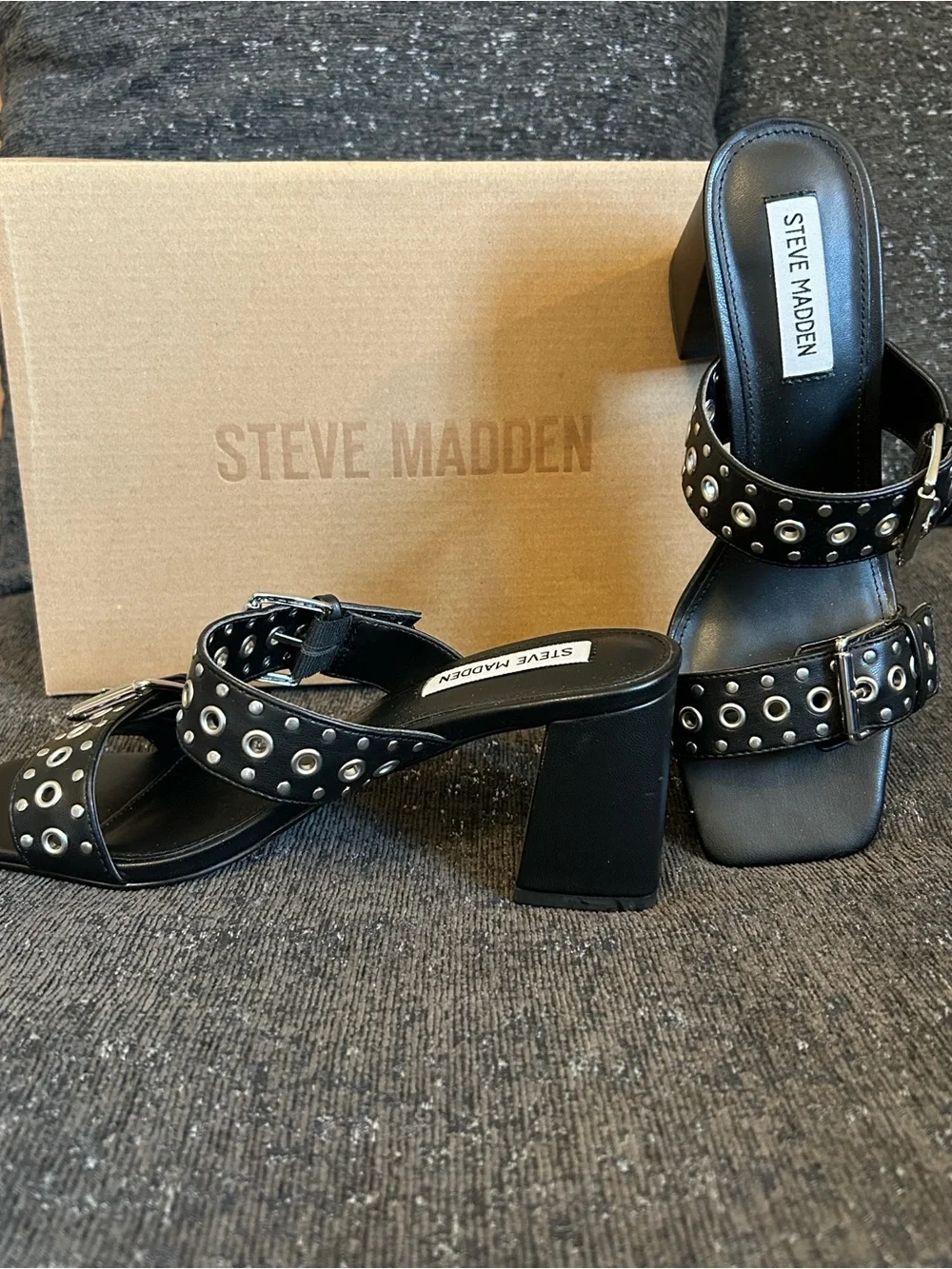 Steve Madden Black Grommet Buckle Block Heel Mules - Picture 2 of 8
